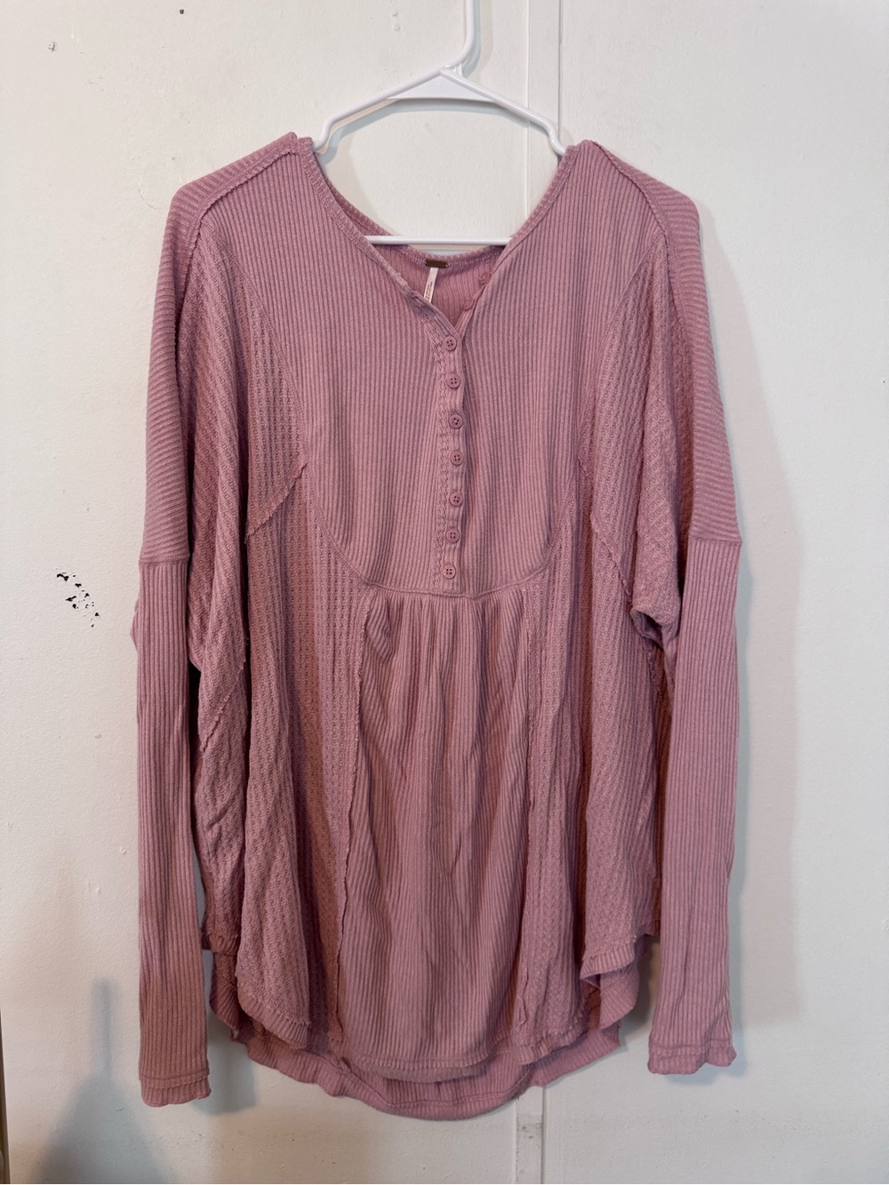 Free People Dusty Rose Ribbed Henley Long Sleeve Top